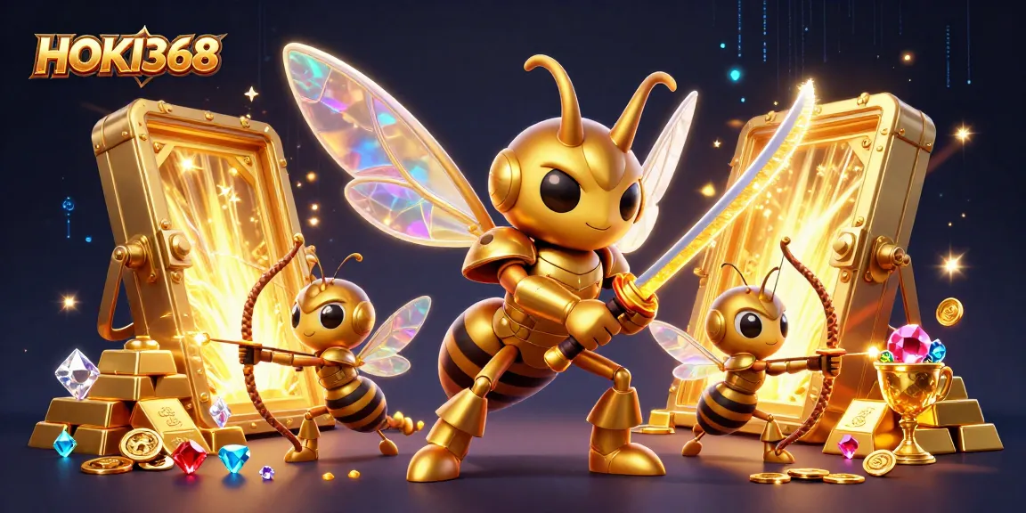 Engage with HOKI368's thrilling gaming experience featuring a vibrant 3D illustration of samurai hornets.