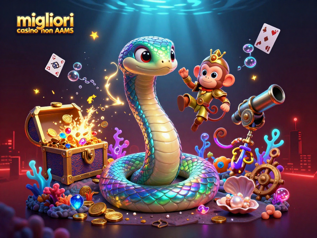 Scopri i migliori casino non AAMS con questa vibrante illustrazione di serpente arcobaleno e tesori.