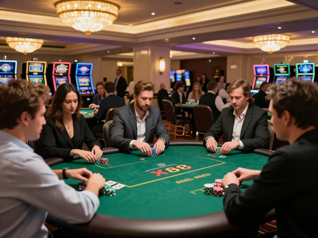 Experience the excitement of xx88 with players engaged in a dynamic poker game at a luxury casino, showcasing strategic gameplay.