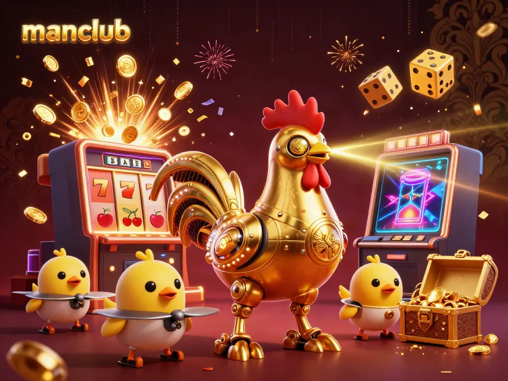 Join the excitement at manclub with a thrilling casino scene featuring a golden rooster robot.
