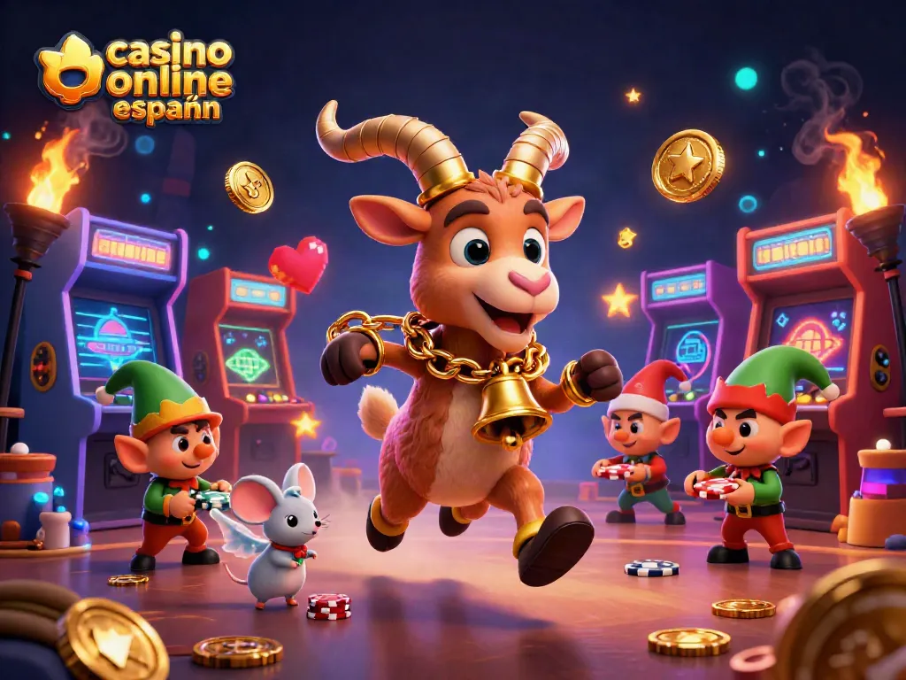 Juega en el casino online español mientras un Krampus divertido supervisa a duendes traviesos en plena acción.