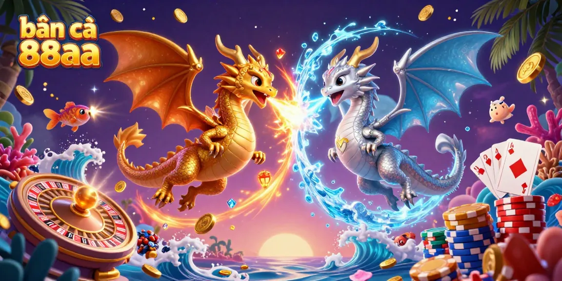 Bắn cá 88aa captures vibrant underwater action with dragons, sea creatures, and gaming elements.