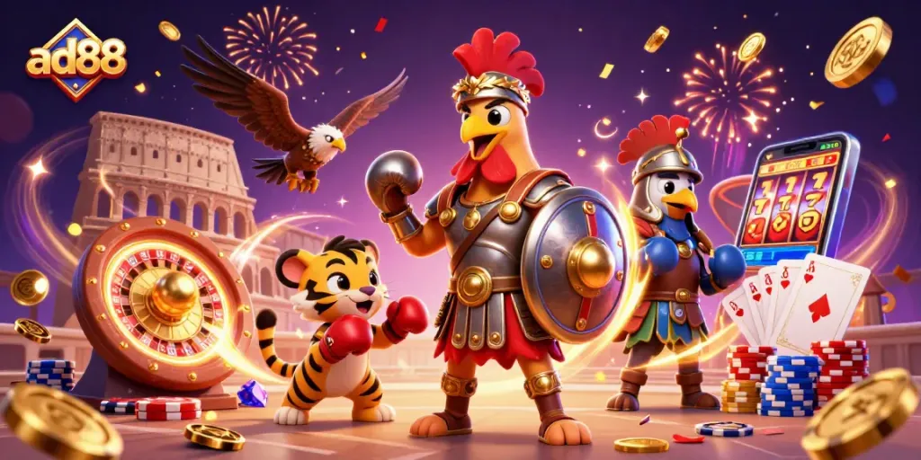Engage with ad88's exciting online gaming experience featuring rich colors and dynamic characters.