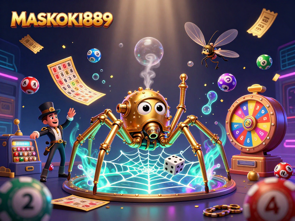 Engage with exciting gaming fun on MASKOKI889 featuring a steampunk spider and golden lottery elements.