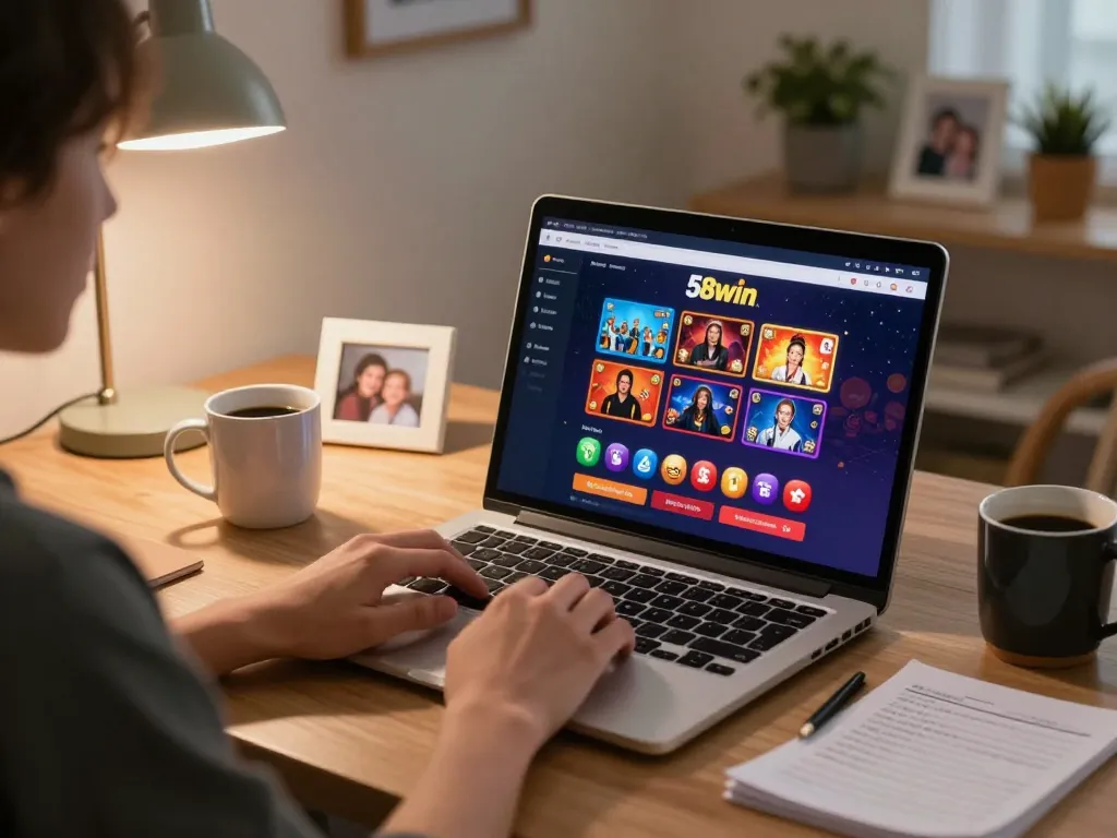 Engaged user enjoying the 58win online casino gaming experience at home with laptop.