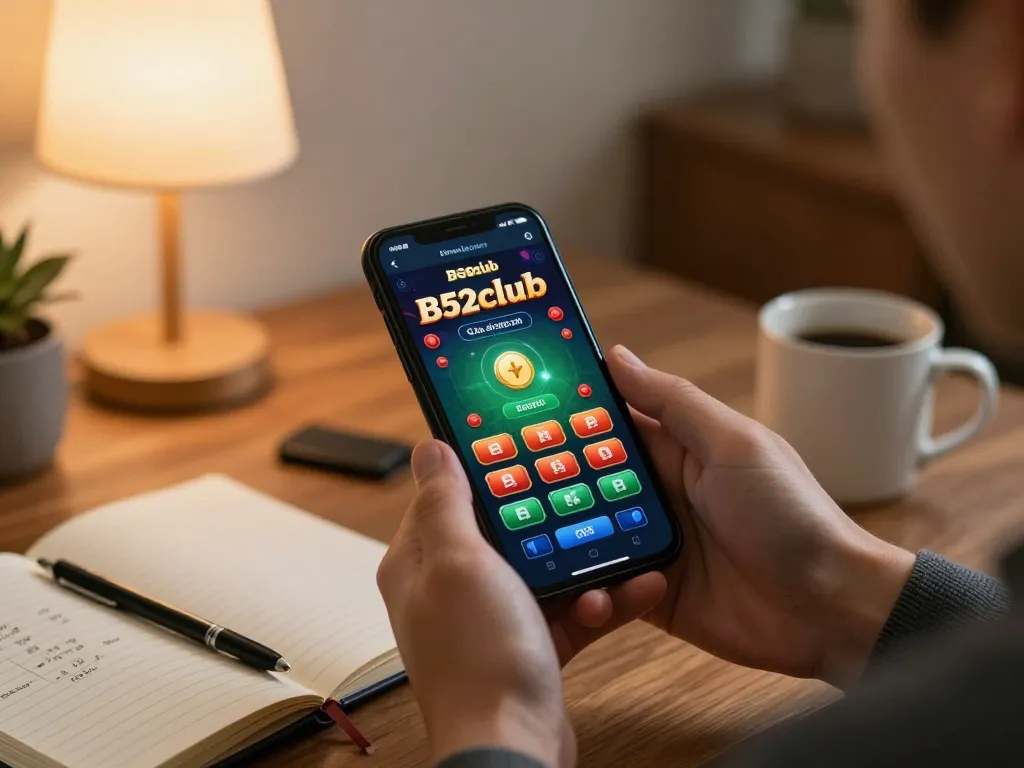 B52club mobile gaming session showcasing winning game options in a cozy home environment.