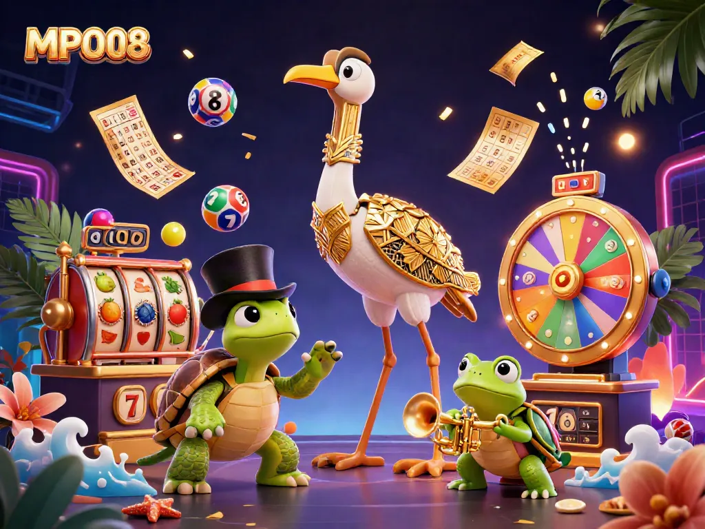 MPO08 promotes thrilling slot experiences at a vibrant casino scene with animated reels and exciting characters.