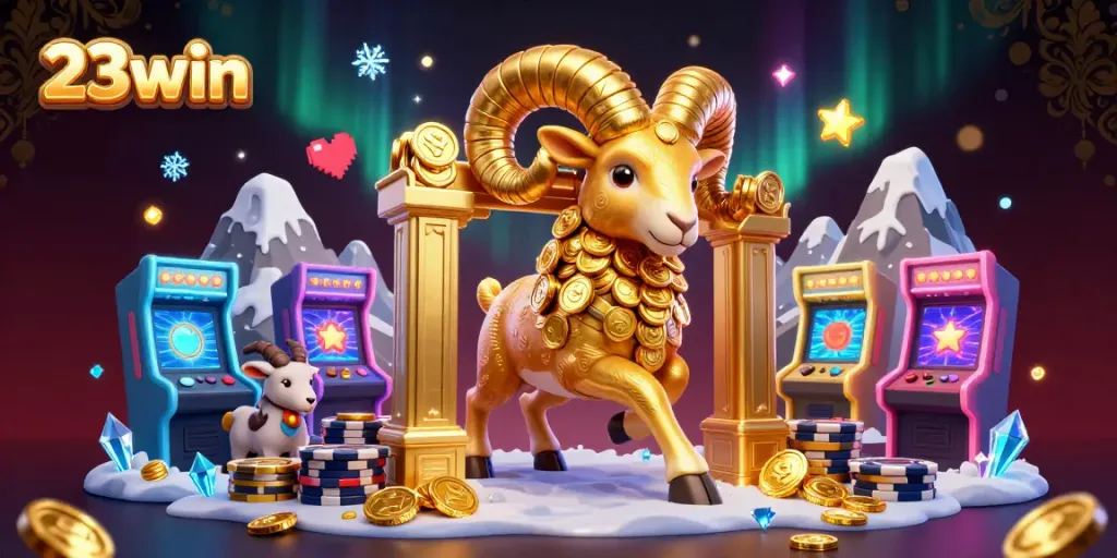 Experience the excitement of 23win with a dynamic illustration featuring a golden ram charging at a golden gate.