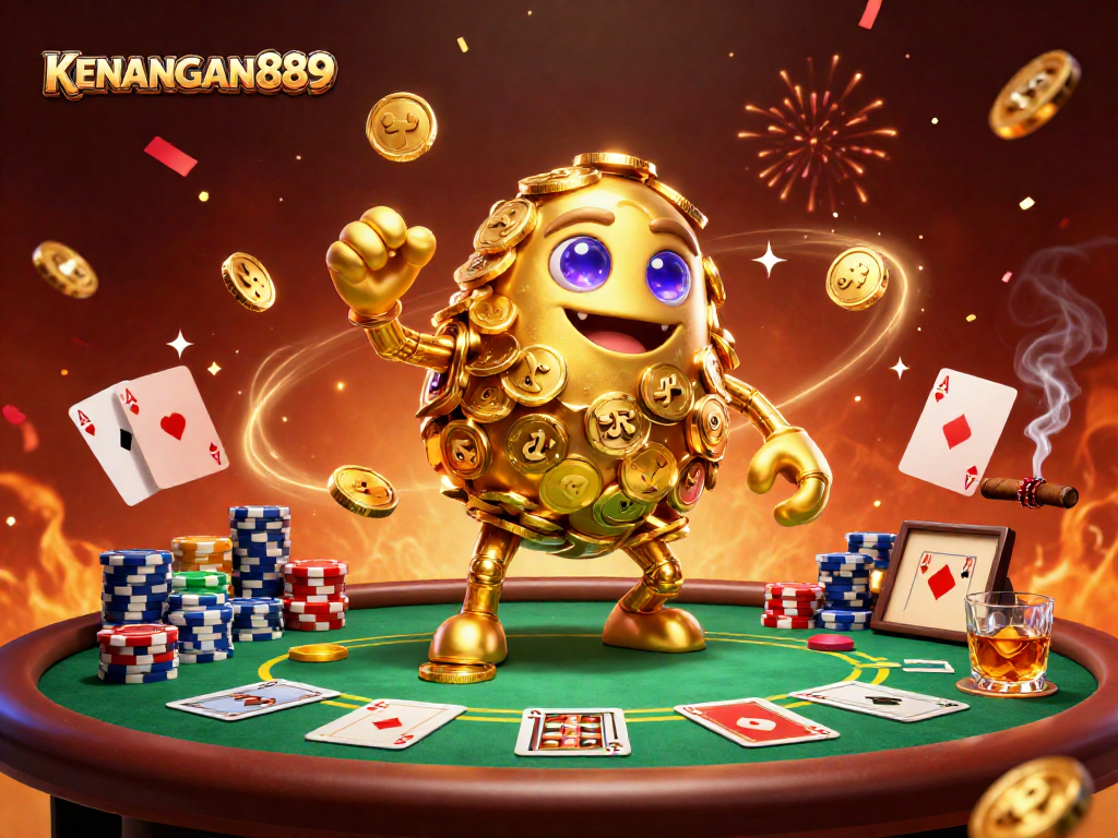 Experience the thrill of KENANGAN889 in this vibrant casino scene packed with dynamic golem and poker elements.
