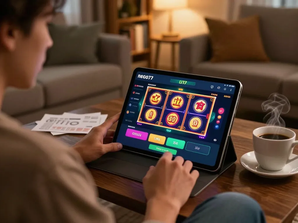 Nego77 player enjoying online casino experience on tablet in a cozy home setting