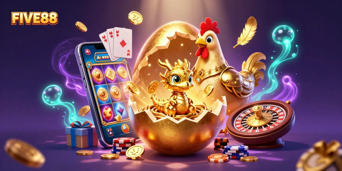 FIVE88 engages players with a golden dragon amidst vibrant casino elements, showcasing excitement.