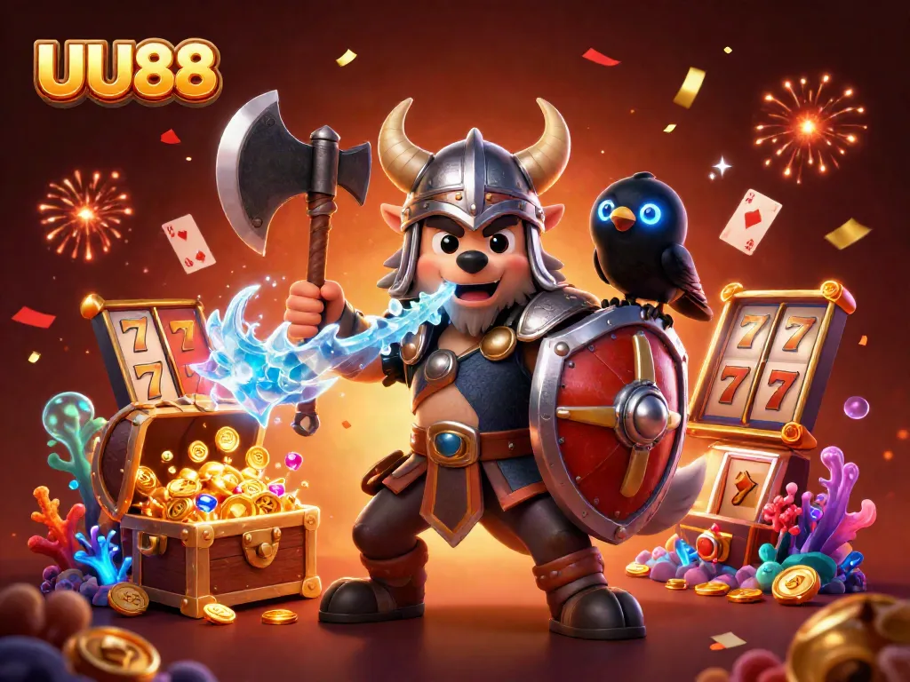 Experience big wins at UU88 with a dynamic illustration of casino-themed gaming featuring vibrant characters and elements.