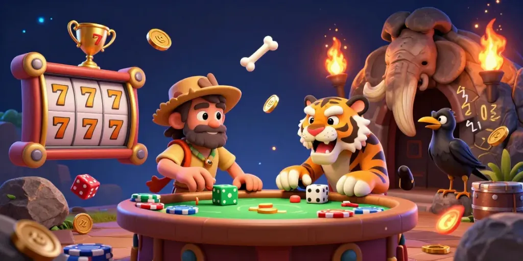 IDCASH88 brings casino excitement alive with a dynamic 3D cartoon illustration featuring a prehistoric theme.