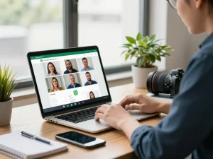 在明亮的办公室环境中使用WhatsApp网页版进行视频会议。