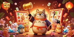 Sun win showcases winning moments with 3D characters and casino elements in a colorful celebration.