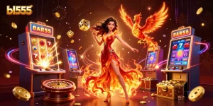 Experience the thrilling world of bl555 with an Asian woman in a fiery gown, surrounded by casino games and jackpots.