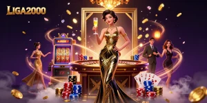 Ilustrasi slot LIGA2000 yang menampilkan permainan glamor dengan koin dan kartu terbang di sekitar