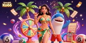 Experience the excitement at Trang chủ Ko66 with dynamic lottery elements and tropical vibes in a vibrant casino setting.