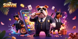 SUNVIN mafia-themed slot game scene with a bulldog boss and Doberman bodyguards.