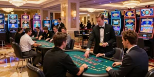 Dynamic casino scene showcasing the excitement of XX88 gaming with lively patrons and colorful machines.