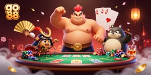 Engage with go 88 in a lively casino scene filled with poker elements and characters.