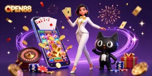 Experience the thrill of OPEN88 with a glamorous lady shuffling cards amid vibrant casino elements.