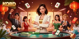 KQBD showcases a powerful woman holding cards among vibrant casino elements and a city backdrop.