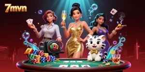 Experience the excitement of 7mvn with a glamorous casino scene featuring poker action and gold coins.