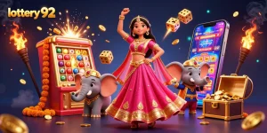 Experience the excitement of lottery 92 with colorful balls bursting from a dynamic lottery machine and vibrant characters.
