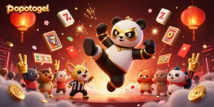 Popotogel showcases a panda wrestler in action, surrounded by casino elements and vibrant animations.