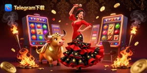 在一个充满活力的赌场场景中体验Telegram下载，展现动态老虎机和热闹的角色。