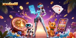 xocdiaa88 offers thrilling gaming action with a dynamic 3D illustration of futuristic characters and casino elements.