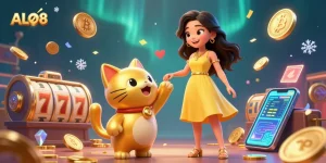 Experience the vibrant casino atmosphere of ALO8 with a cheerful character and lucky symbols.