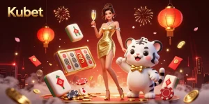 Kubet enhances your casino experience with a glamorous scene featuring a woman, lucky tiger cub, and vibrant game elements.