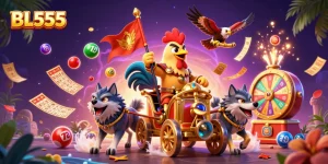 Experience thrilling gameplay at BL555 with a dynamic illustration of a rooster warlord leading fun-laden gaming adventures.