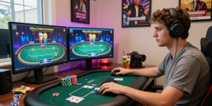 Engaging player immersed in Situs Poker Online Resmi Domino88 poker game at a stylish workstation.