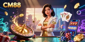 Experience exciting wins at CM88 with a glamorous Asian woman holding golden cards amidst dynamic casino elements.