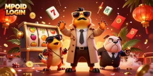 MPOID LOGIN showcases raptors in a trench coat entering a casino, surrounded by slot reels and festive decor