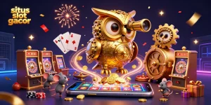 Experience the excitement with situs slot gacor featuring a golden owl, adorable mice, and vibrant slot games.