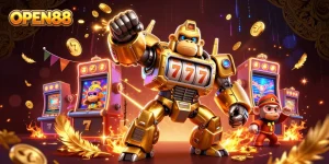 Engage in thrilling gaming action with OPEN88’s vibrant golden gorilla mech and dynamic visuals.