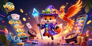 Engage with the vibrant world of vin 88, featuring a wizard fox and phoenix in a dynamic casino scene.