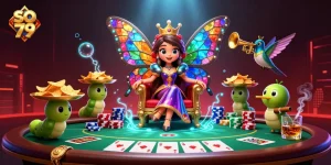 Experience the enchanting so 79 casino scene with a butterfly queen and vibrant poker elements.