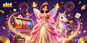 Putaran gulungan slot dengan harta berkilau dan elemen magis dalam ilustrasi kasino yang penuh warna ini.