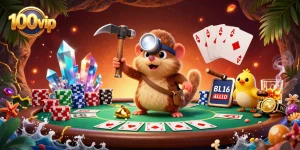 Win big at 100vip with a vibrant scene of a treasure hunter mole mining for gems and enjoying poker.