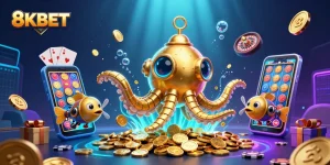 Experience the thrill of gaming with 8KBET's captivating underwater casino adventure featuring golden kraken.