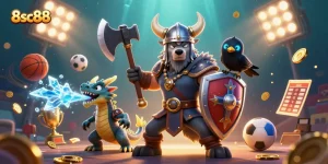 Engage in thrilling sports betting and casino action at 8sc88, depicted through dynamic characters and vibrant game elements.