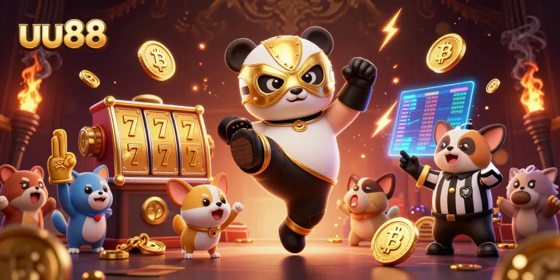 Experience the thrills of uu88 with a boxer panda and animal crowd in a vibrant casino scene.