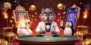 Situs Judi Bola showcasing a debonair wolf, elegant swan, and penguin sommelier in a vibrant casino scene.