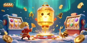 Experience the thrill of winning at 6686 with dynamic slot reels, golden symbols, and a vibrant casino environment.