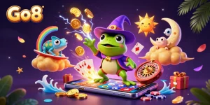 Engage with Go8's thrilling gaming experience featuring vibrant 3D characters amid gold coins and slots.